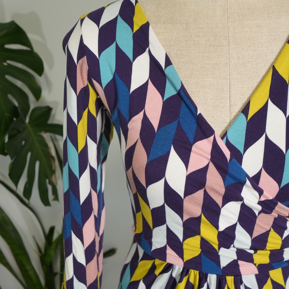 Boden Faux Wrap Dress 4R Multicolor Geometric Jersey Midi 3/4 Sleeve WH886 - Picture 4 of 9